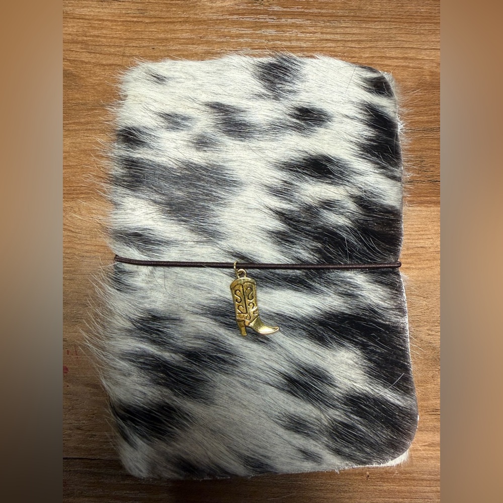 A6 Black and White hair on hide leather journal with Gold Charm western boot